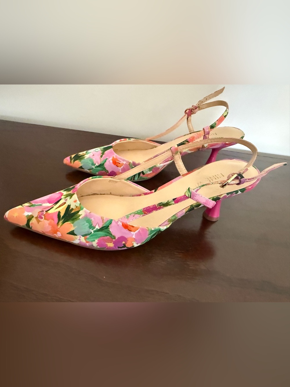 Nine West Pink Floral Pointed-Toe Slingback Kitten Heels